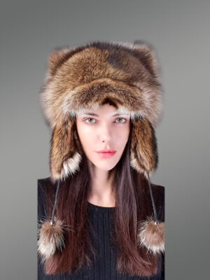 Womens Fox Fur Trapper Hat with Pompom, Tail and EarflapsLooks Fascinating
