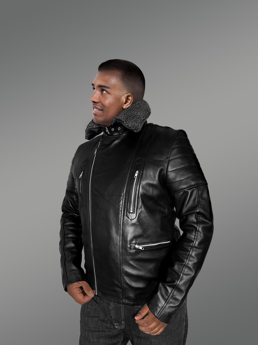Leather Jacket for Fashionable Men with Removable Shearling Collar - Image 4