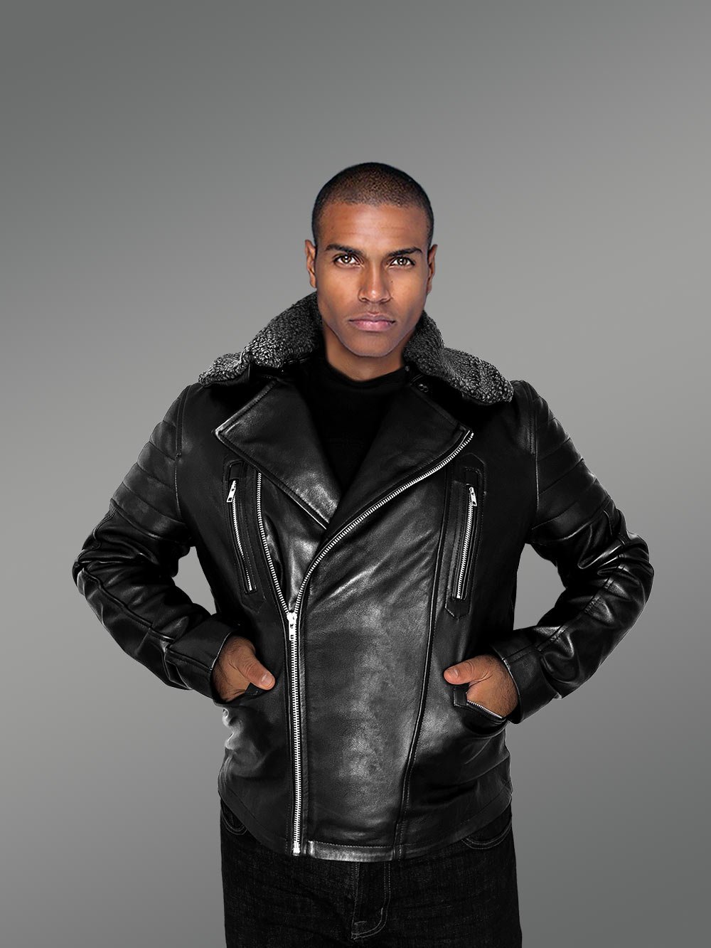 Leather Jacket for Fashionable Men with Removable Shearling Collar - Image 3