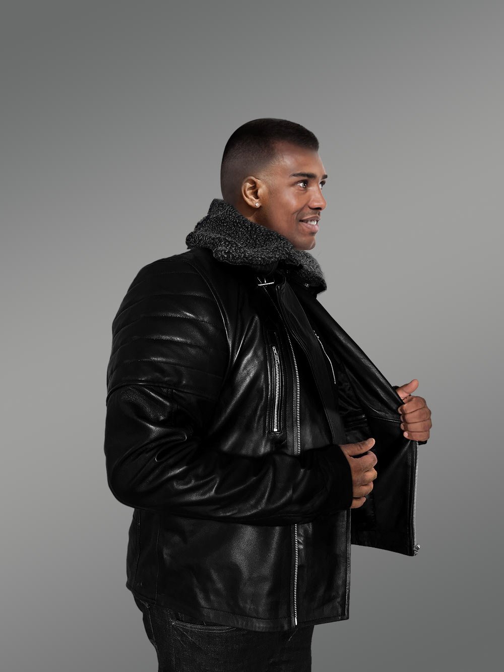 Leather Jacket for Fashionable Men with Removable Shearling Collar - Image 5