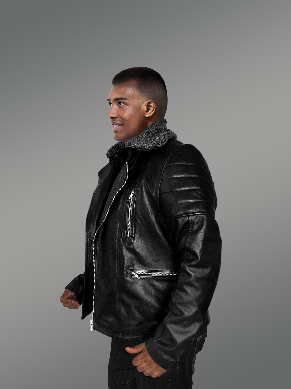 Leather Jacket for Fashionable Men with Removable Shearling Collar - Image 6