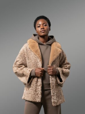 Women’s Lapel Collar Blazer in Persian Lamb with Mink Collar Accent in Beige