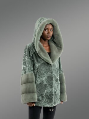 Women’s Persian Lamb Hooded Coat with Mink Collar Accent and Layered Mink Sleeves