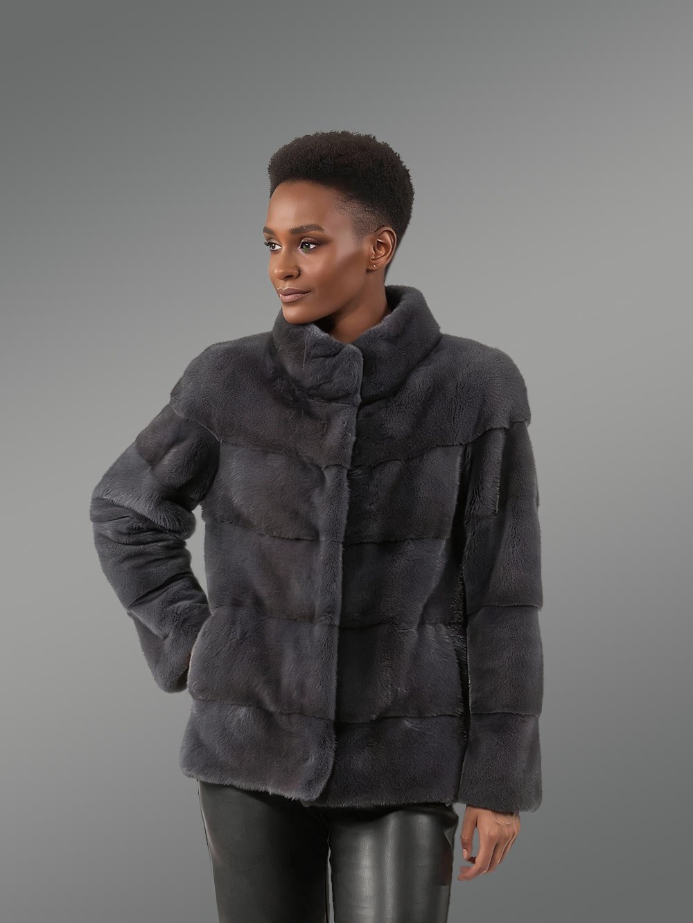 Women’s Blue Iris Mink Layered Turtle Neck Mink Coat