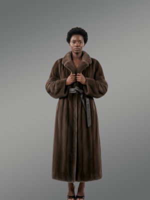 Women’s Mink Long Coat with Belt In Mahoghany Brown