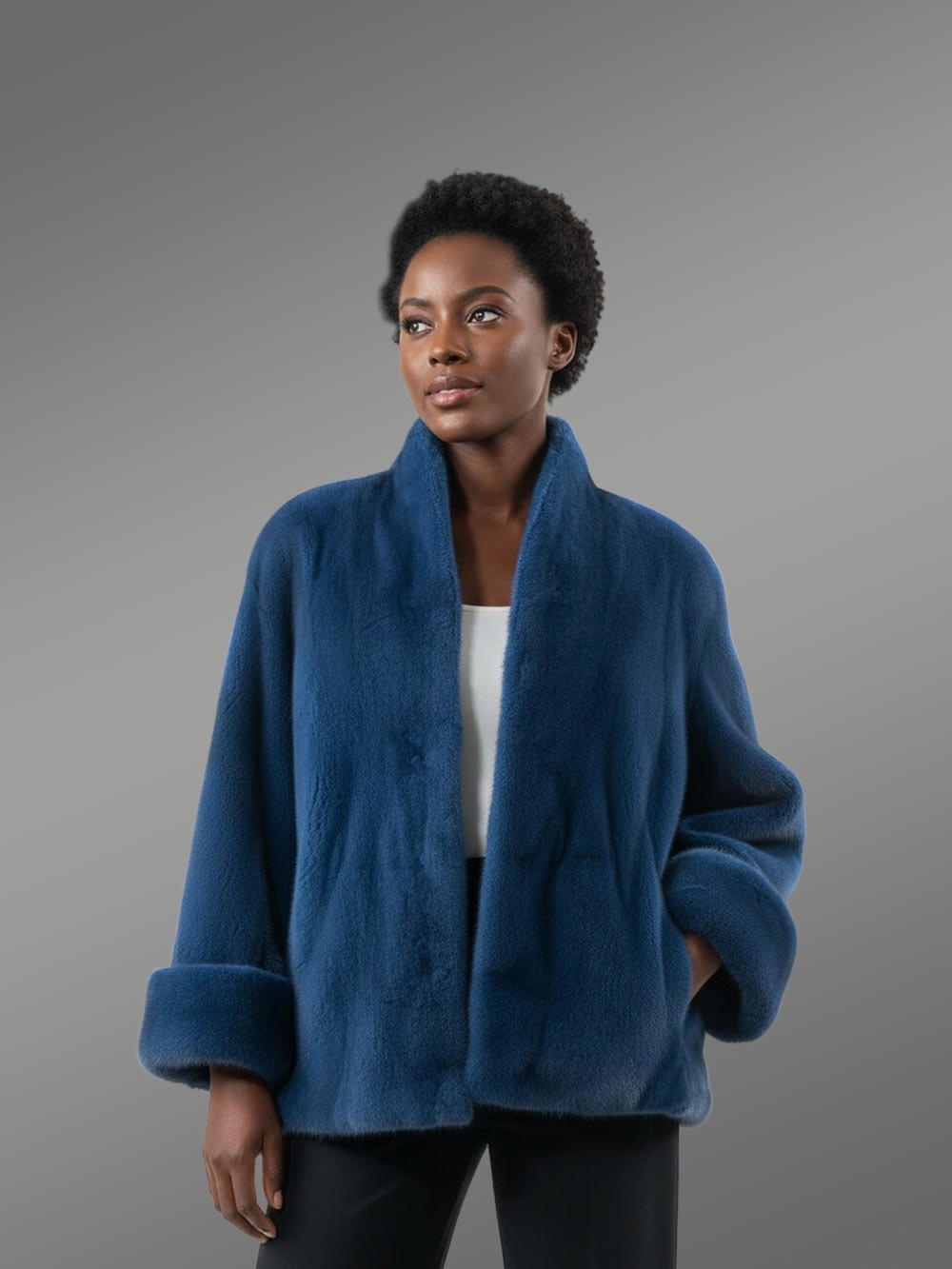 Women’s Short Dressy French Collar Mink Jacket in Blue